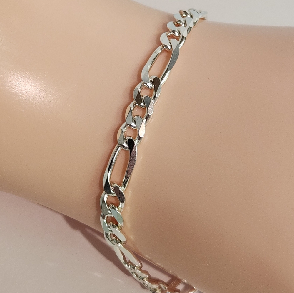 Genuine "Italian" Solid Sterling Silver Figaro Bracelet Chain "Unisex"